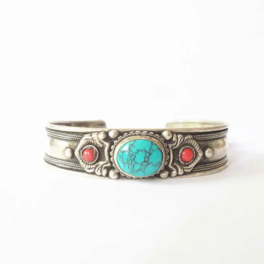 BB-456 Tibetan Bangles White Metal Copper Inlaid Simulated Turquoise Open Cuff Bangle Nepal Vintage Jewelry
