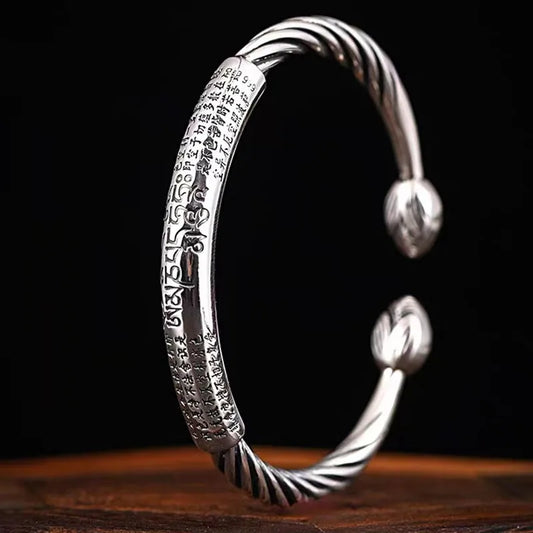 Buddhist Six-Word Mantra Bracelet Retro Silver Color Lotus Open Bracelet Suitable for Men\\'S Personalized Twisted Wrist Jewelry